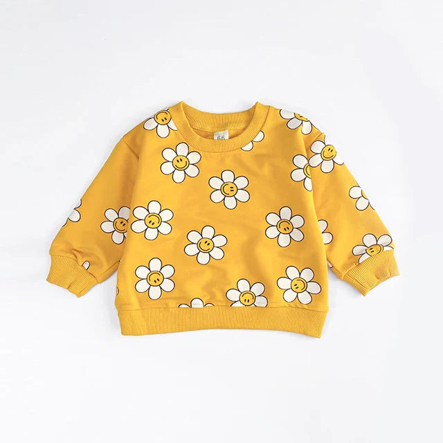 Sweatshirt med Blommönster – Glada Blommor Flickor, Grön/Gul/Beige, Bomull, Storlek 0–3 år