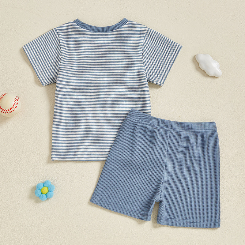 Baseball Stripe Sommarsätt för Baby & Småbarn | Stickad T-shirt & Shorts | Knit Bomull | 0–3 år | Sportig Look för Pojkar