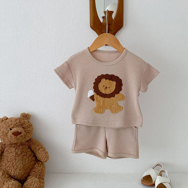 Våffeltygsset T-shirt & Shorts med Lejon – Little Roar Baby Småbarn, Brun/Beige, Bomull, Storlek 0–3 år