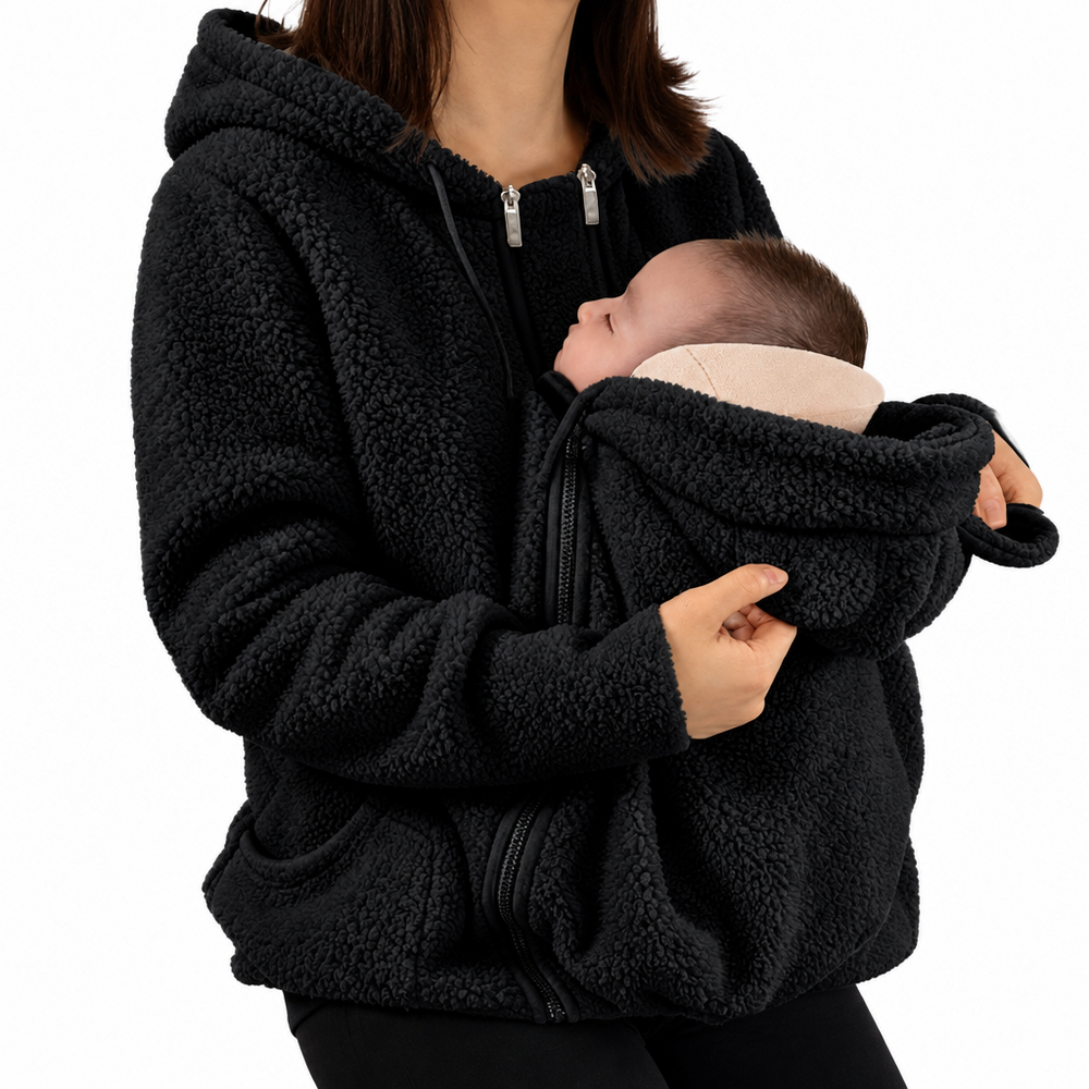Bärjacka 2-i-1 för mamma och bebis – mjuk fleece, huva, dragkedja, fickor | babywearing-hoodie
