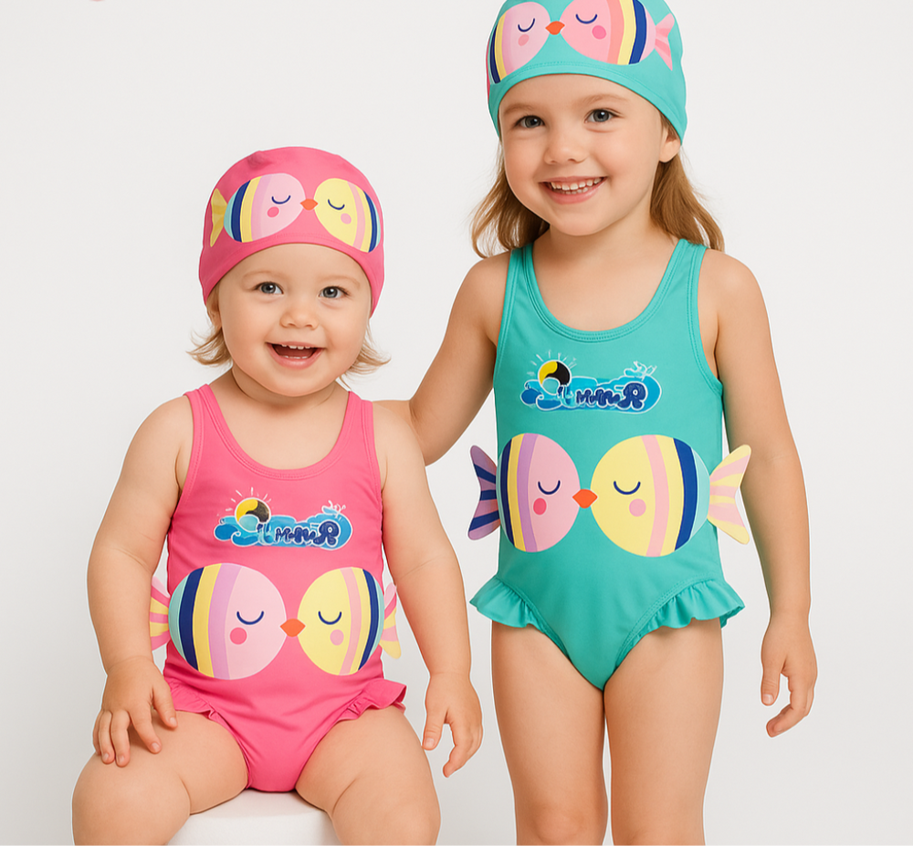 Flickbaddräkt med Badmössa – Bekväm & Lekfull Design | SunnySplash Simset 0–4 år