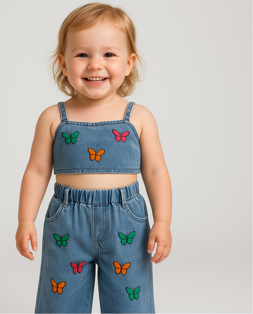 Denim Sommarset Flicka – Lätt Bomullsset med Topp & Shorts – Storlek 0–5 år