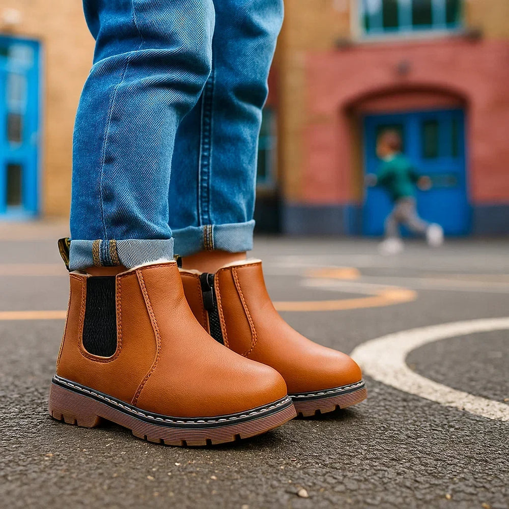 Chelsea boots barn fodrade med sidodragkedja – konstläder, halkskyddad gummisula, resår | barnkängor