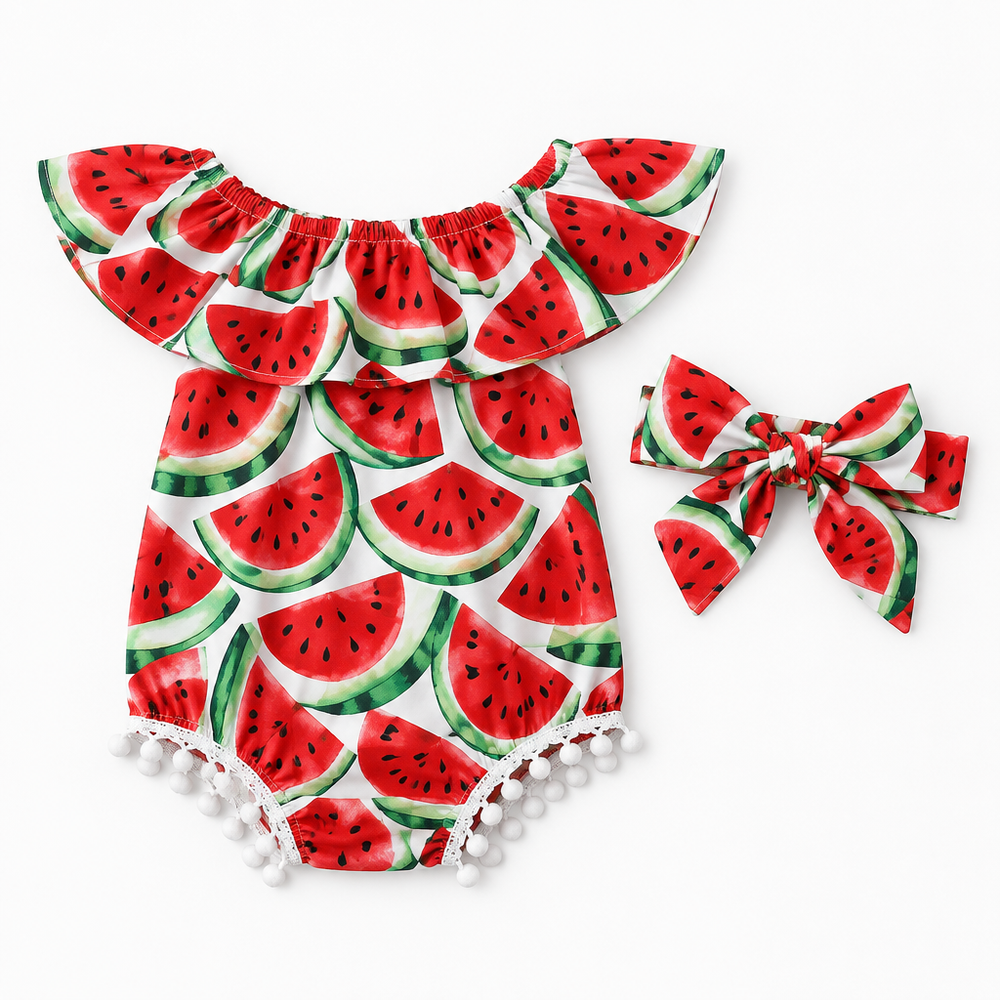 Sommarklänning flicka vattenmelonmönster – set med hårband