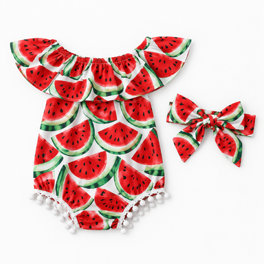 Sommarklänning flicka vattenmelonmönster – set med hårband