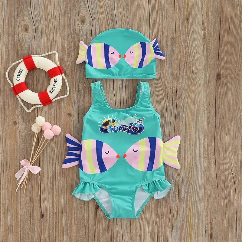 Flickbaddräkt med Badmössa – Bekväm & Lekfull Design | SunnySplash Simset 0–4 år