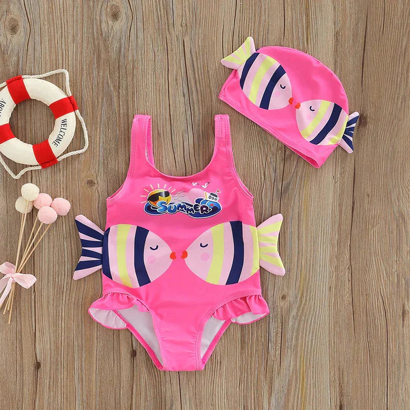 Flickbaddräkt med Badmössa – Bekväm & Lekfull Design | SunnySplash Simset 0–4 år