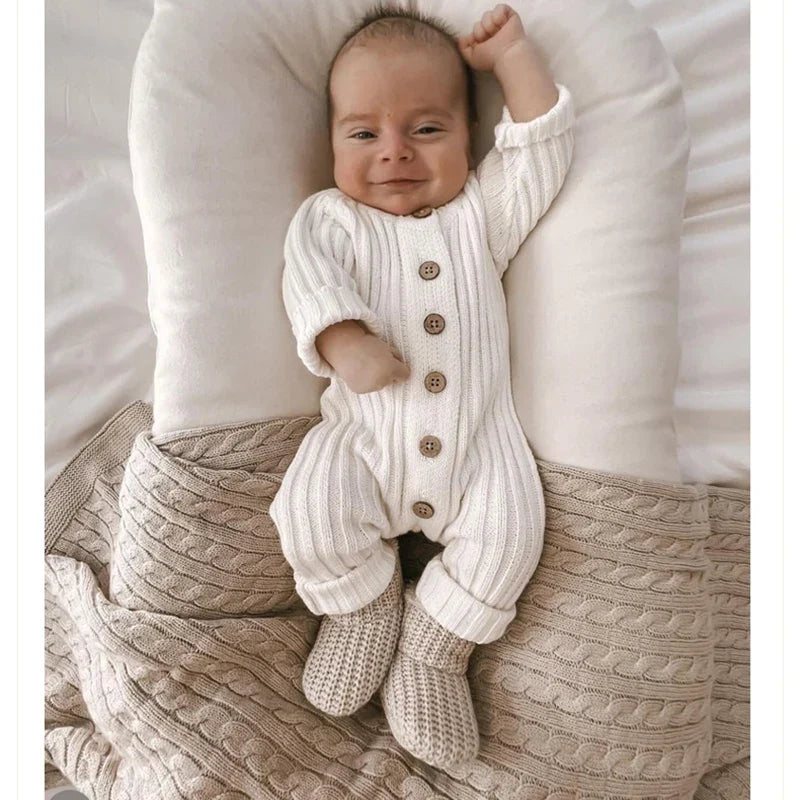 Stickad sparkdräkt i mjuk bomull för baby, unisex, från 0 till 2 år