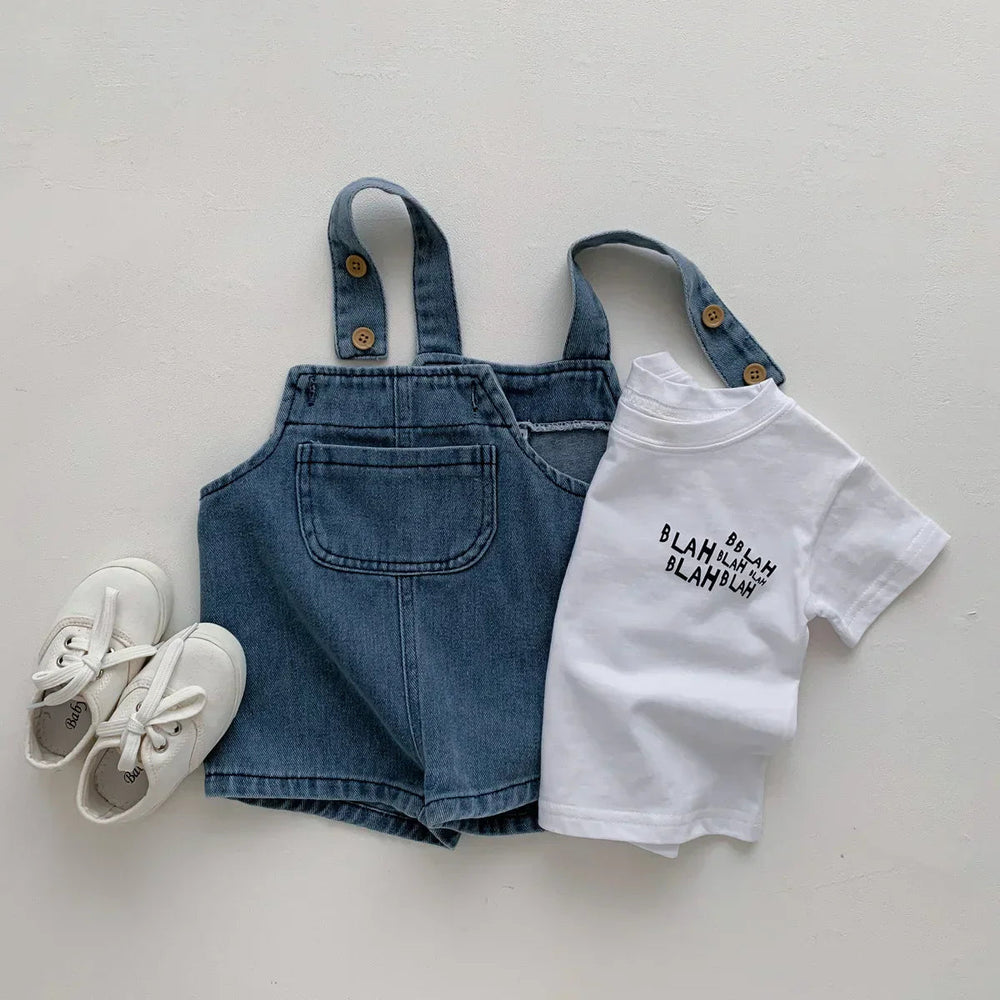 Denim Babyklädset – Bekväm Hängselbyxa & T-shirt – 0–3 år