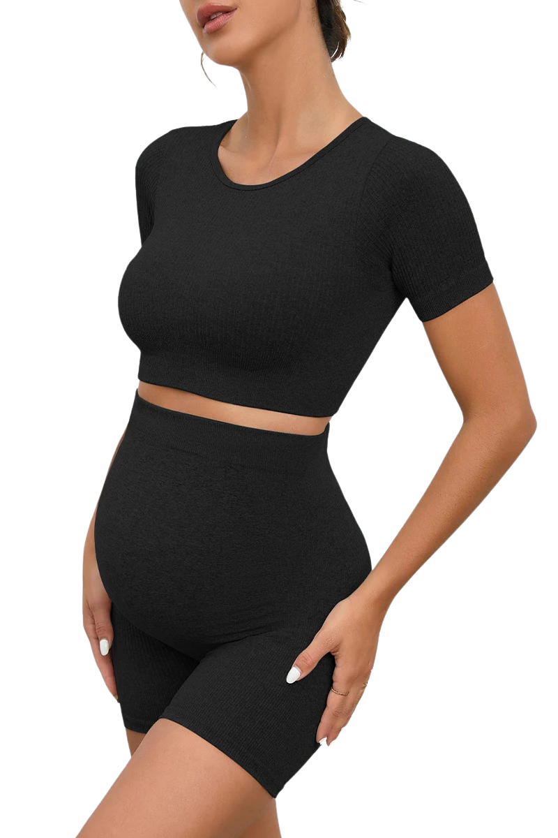 Graviditetsset – Sömlös Crop Top & Höga Midjeshorts för Ultimat Komfort